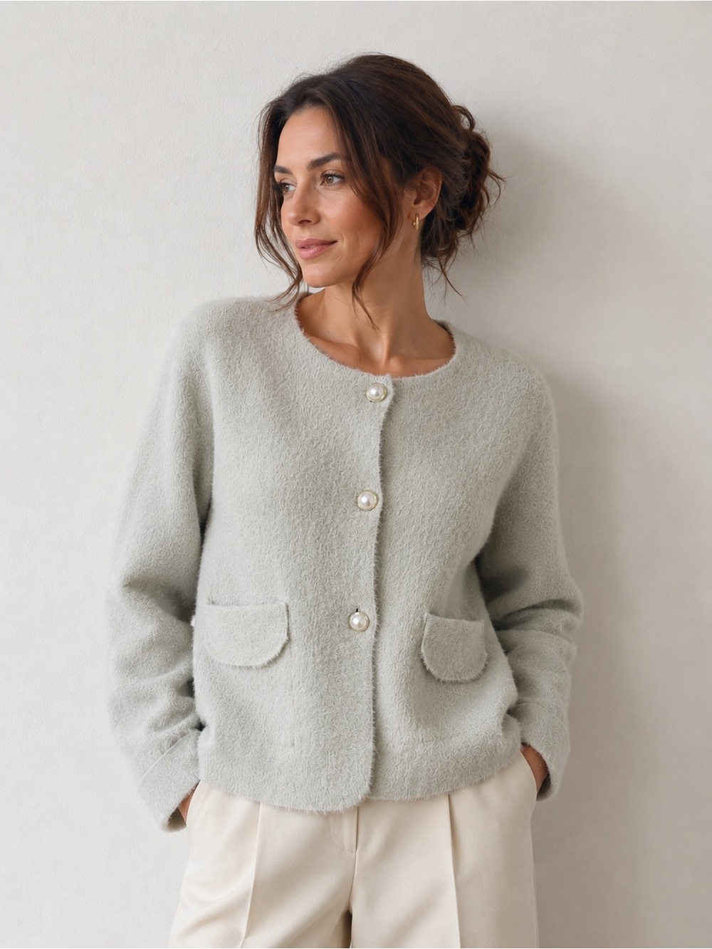 Nanette Lepore Soft Mint Bouclé Pearl Button Jacket